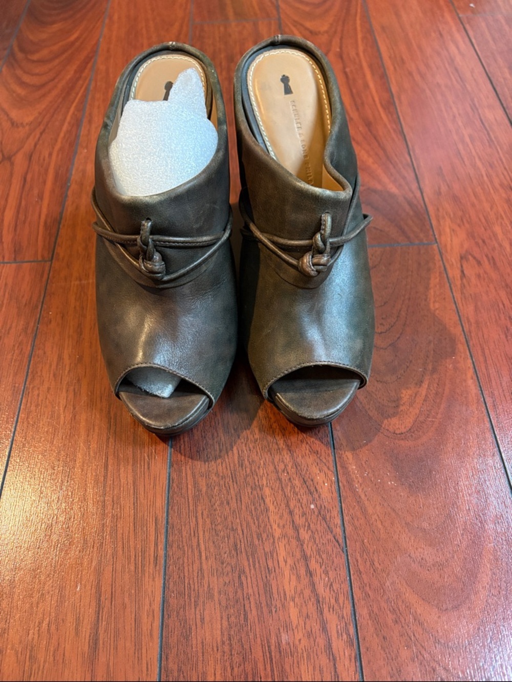 Never worn Schuler & Sons Peep-Toe Mule Heels in Olive Green - size 7